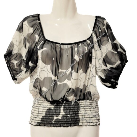 SEXY black white sheer short sleeve blouse top size M - Picture 1 of 14